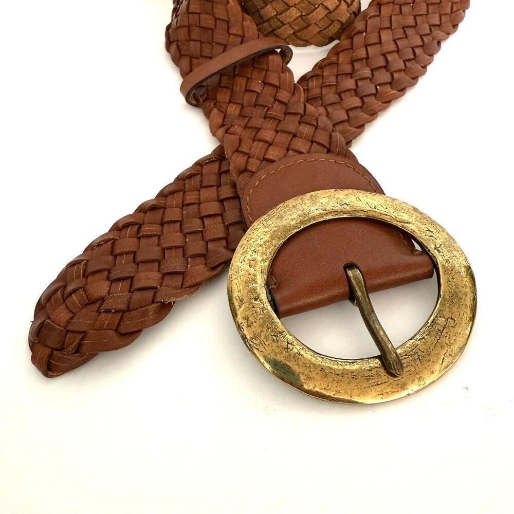Chico's Macarthy Brown Woven Leather Belt Oversized Brass Buckle 45" Adjustable